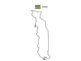 Hand draw thin black line vector of Togo Map with capital city Lome on white background.