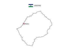 Hand draw thin black line vector of Lesotho Map with capital city Maseru on white background.