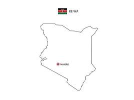 Hand draw thin black line vector of Kenya Map with capital city Nairobi on white background.