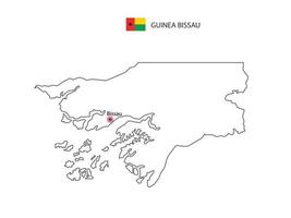 Hand draw thin black line vector of Guinea Bissau Map with capital city Bissau on white background.