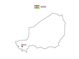 Hand draw thin black line vector of Niger Map with capital city Niamey on white background.