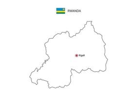 Hand draw thin black line vector of Rwanda Map with capital city Kigali on white background.