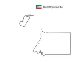 dibujar a mano el vector de línea negra delgada del mapa de guinea ecuatorial con la ciudad capital malabo sobre fondo blanco.