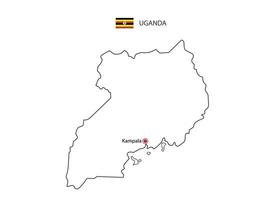 Hand draw thin black line vector of Uganda Map with capital city Kampala on white background.