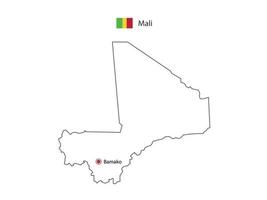 dibujar a mano el vector de línea negra delgada del mapa de malí con la ciudad capital bamako sobre fondo blanco.