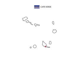 Hand draw thin black line vector of Cape Verde Map with capital city Praia on white background.