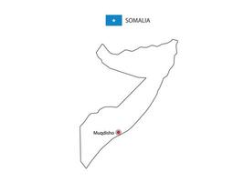 dibujar a mano el vector de línea negra delgada del mapa de somalia con la ciudad capital mogadishu sobre fondo blanco.