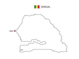 Hand draw thin black line vector of Senegal Map with capital city Dakar on white background.