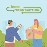 environmental protection banner. People are making purchases using second-hand goods store apps. vector