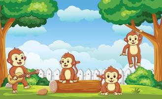 The Little Monkeys Happy in Yard. Vector Cartoon Illustration