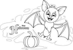 Coloring page. Cute and funny bat and halloween pumpkin vector