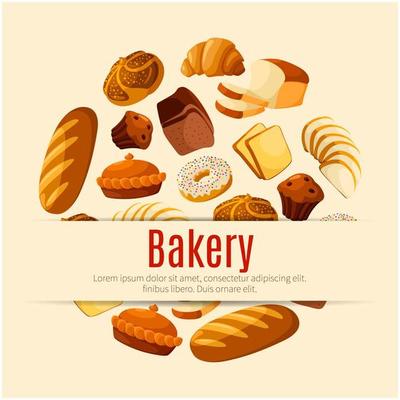 Bakery and pastry shop poster with bread and cake