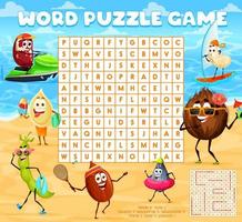 Nuts characters on summer beach, word search game vector