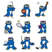 Cartoon owl play sports vector mascot icons