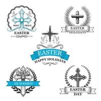 Easter holy cross with dove bird badge set vector