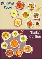 Salad, soup and pastry dishes icon set design vector