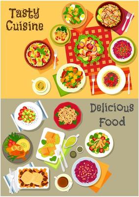 Fresh salad with vegetable, fish and meat icon set