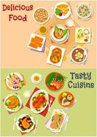 Fish and meat dish with asian soup and pastry icon vector