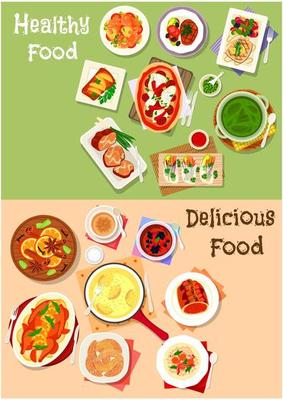 Dinner with chocolate dessert icon set design