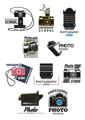 Photo studio icon set with camera, lens and film