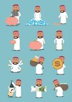 empresario árabe con juego de caracteres de dibujos animados de dinero vector