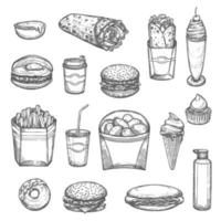 vector, bosquejo, aislado, comida rápida, iconos vector