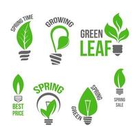 Isolated vector green light bulb spring leaf icion