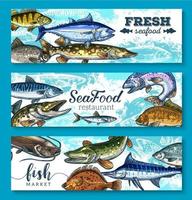 Vector fresh seafood and fish banners set