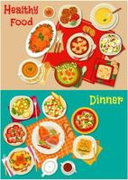 Fresh salad, soup and meat dishes icon set design vector