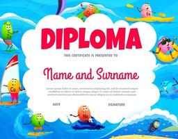 diploma para niños, vitaminas de dibujos animados en vacaciones en la playa vector