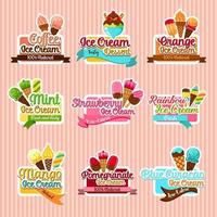 Ice cream sorts stickers vector icons set for cafe