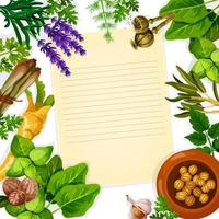 papel de recetas con hierbas, especias y verduras de hoja