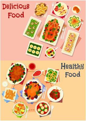 Festive dinner menu icon set with meat and snacks