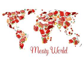 Meat world map poster with beef, pork, ham, bacon vector