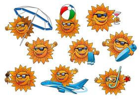 conjunto de mascota de dibujos animados de sol de verano feliz vector