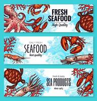 banners de productos marinos de mariscos y pescados vectoriales vector