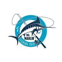 emblema deportivo de pesca de marlín con pescado en la caña vector