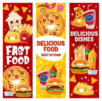 Cartoon fast food characters vertical banners