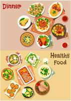 Meat dinner dishes with snacks icon set design vector