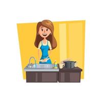 Washing dishes cartoon icon with woman housewife vector