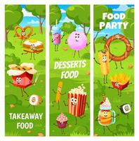 Fast food and desserts characters on summer party vector