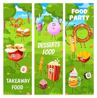 Fast food and desserts characters on summer party vector