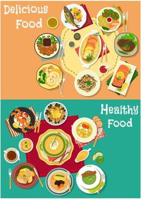 Dinner icon set with meat, seafood and soup dishes