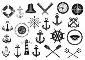Nautical icon set with anchor, helm and rope vector