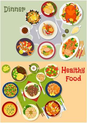 Healthy festive dinner icon set for menu design