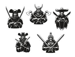 Soldiers or warriors man ammunition vector icons