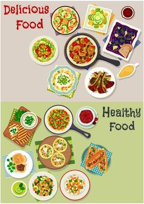 Tasty lunch icon set with salads and fruit dessert
