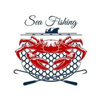 Sea fishing sign design with crab in net vector