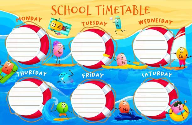 School timetable schedule, cartoon vitamins, beach