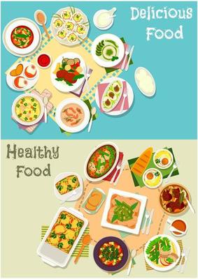 Italian and french cuisine dishes icon set